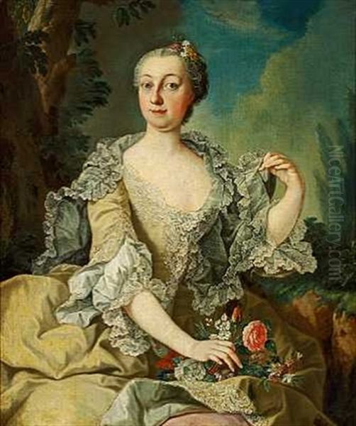 Portraet Af Katharina Friginn Von Knorr I Gragron Kjole Med Flaesekant Og Blomster I Handen, Siddende I Et Landskab Oil Painting by Anna Rosina Lisiewski