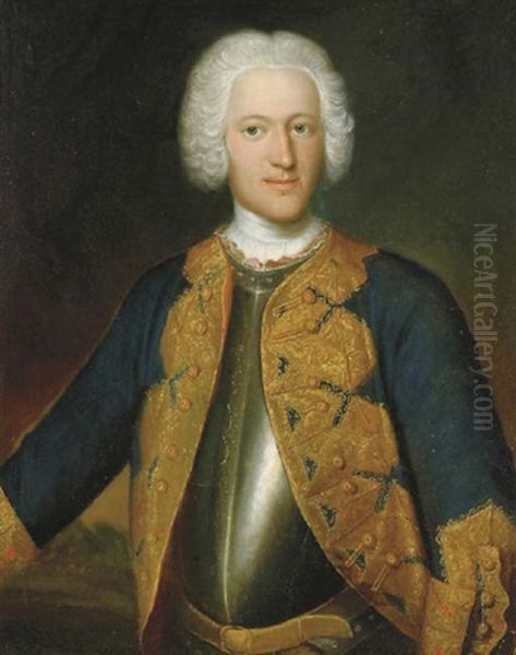 Portrait Of A Gentleman (prince D'anhalt?), Three-quarter-length, In Armor And A Blue Coat With Gold Embroidery Oil Painting by Georg Lisiewski