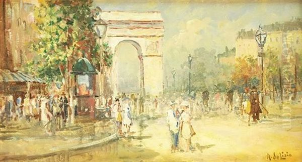 Strasenpromenade Mit Spaziergangern. Sommerliche Szene In Impressionistischer Manier Oil Painting by Arnaldo de Lisio