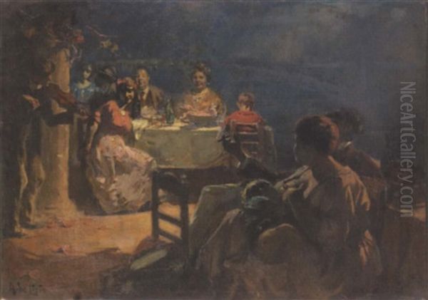 Figures Dining On A Balcony On A Mediterranean Night Oil Painting by Arnaldo de Lisio