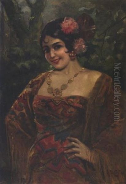 Portrait Of A Lady In Traditional Costume Oil Painting by Arnaldo de Lisio