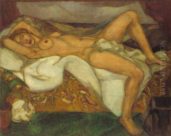 Weiblicher Akt Auf Dem Sofa Liegend Oil Painting by Herrmann Lismann