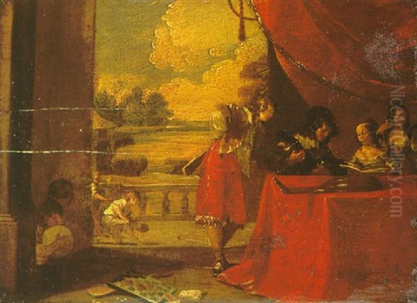 A Music Party On A Terrace, Children Playing Bowls Beyond Oil Painting by Johann Liss