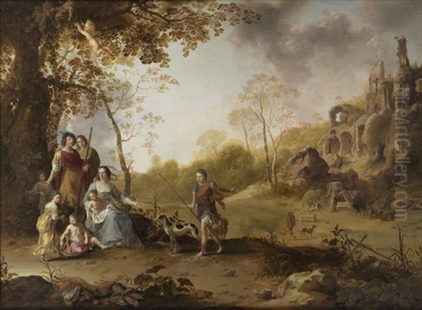 An Allegorical Portrait Of A Family Before An Extensive Landscape Oil Painting by Dirck Van Der Lisse