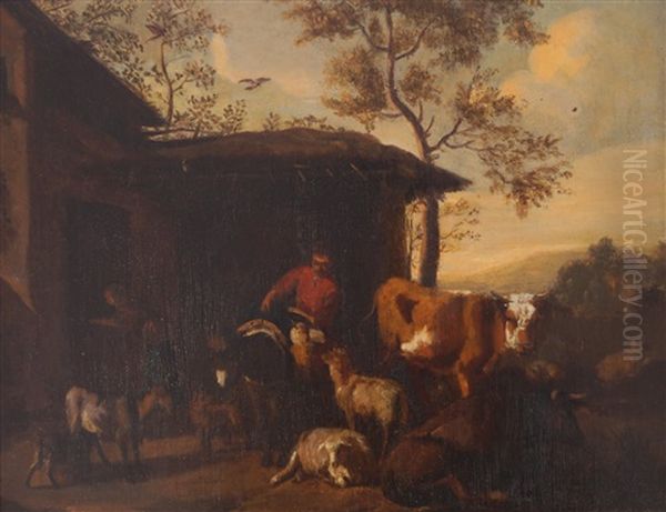 Rustic By A Barn With His Donkey And Other Animals Oil Painting by Dirck Van Der Lisse