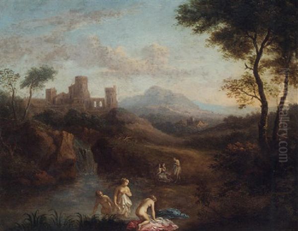 An Italianate Landscape With Nymphs Bathing At A Pool Oil Painting by Dirck Van Der Lisse