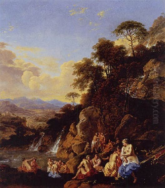 Diana And Her Nymphs Bathing In A Mountainous Landscape Oil Painting by Dirck Van Der Lisse