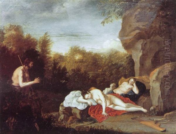 Actaeon Surprising Diana And A Nymph Oil Painting by Dirck Van Der Lisse