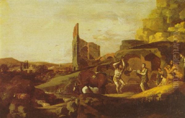 A Bacchanale With Classical Ruins Beyond Oil Painting by Dirck Van Der Lisse