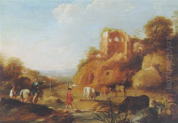 An Italianate Landscape With Drovers By A Stream, Classical Ruins On A Hill Beyond Oil Painting by Dirck Van Der Lisse