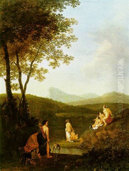 A River Landscape With Diana And Her Nymphes Oil Painting by Dirck Van Der Lisse