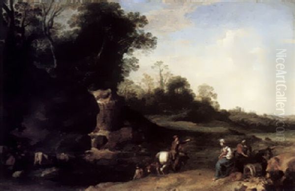 A Rocky Wooded Landscape With The Flight Into Egypt Oil Painting by Dirck Van Der Lisse