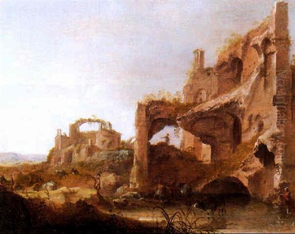 Cowherds Watering Cattle Among Classical Ruins Oil Painting by Dirck Van Der Lisse