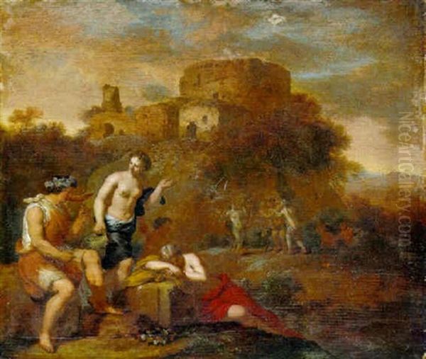 Bacchus Drinking The Nymphs, The Drunken Silenus By A Ruined Tower Oil Painting by Dirck Van Der Lisse