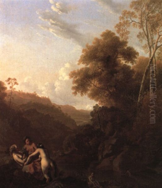 Italianate Landscape With Nymphs Bathing In A Rocky Pool Oil Painting by Dirck Van Der Lisse