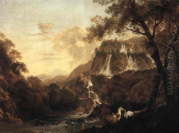 Landscape With Figures Bathing Oil Painting by Dirck Van Der Lisse