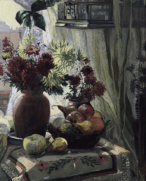 Blumenstilleben Mit Obstschale An Einem Sonnendurchfluteten Fenster Mit Durchblick Auf Wiener Dachlandschaft Oil Painting by Wilhelm List