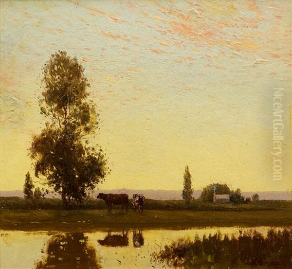 Cows At Sunset Oil Painting by William Lister-Lister