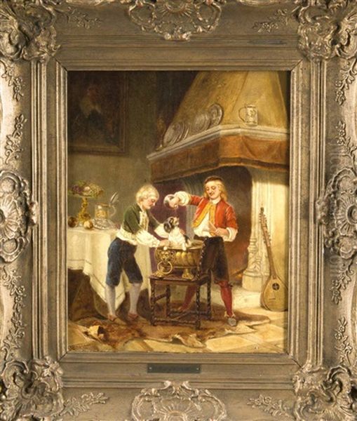 Prunkvolles Interieur Mit Grosem Kamin, Zwei Jungen Begiesen Einen Hund Mit Wein Oil Painting by Karl Josef Litschauer