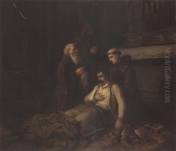 A Wounded Soldier Receiving The Last Rites Oil Painting by Karl Josef Litschauer