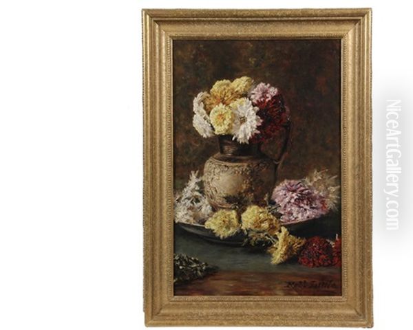 Chrysanthemums In An Earthenware Jug Oil Painting by Robert Little