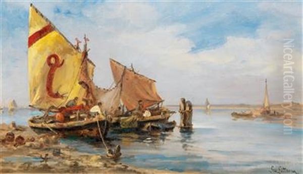 Fishermen In The Venetian Lagoon Oil Painting by Leontine (Lea) von Littrow