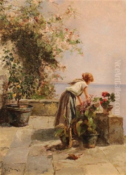 Young Woman On A Balcony Oil Painting by Leontine (Lea) von Littrow