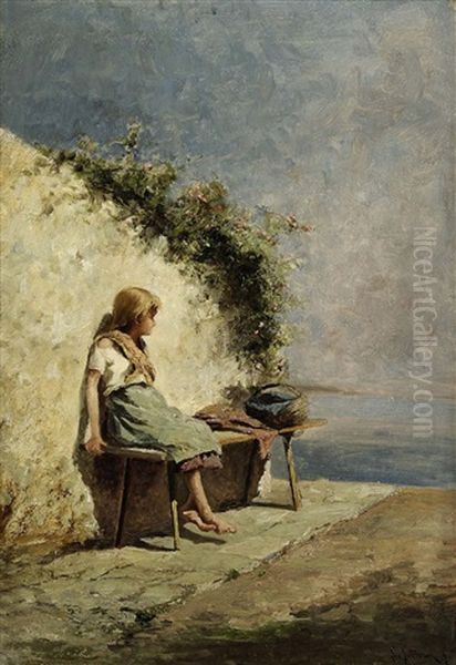 Madchen, Auf Einer Bank Sitzend Und Aufs Meer Schauend Oil Painting by Leontine (Lea) von Littrow