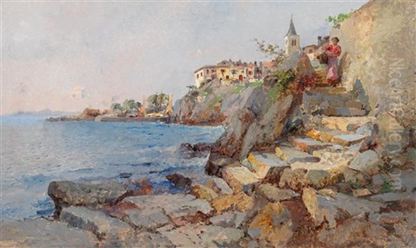 Coastal Scene At Lovrana, Istria Oil Painting by Leontine (Lea) von Littrow