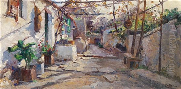 Pergola Uber Einem Sonnenbeschienenen Innenhof Oil Painting by Leontine (Lea) von Littrow