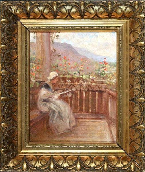 Lesende Frau Auf Veranda Oil Painting by Leontine (Lea) von Littrow