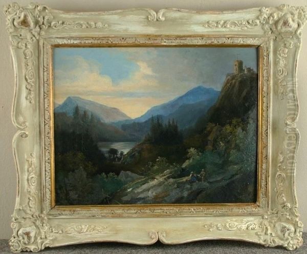 Romantische Alpenvorlandschaft Mit Burganlage Und Jager Oil Painting by Carl Stephan Bennet