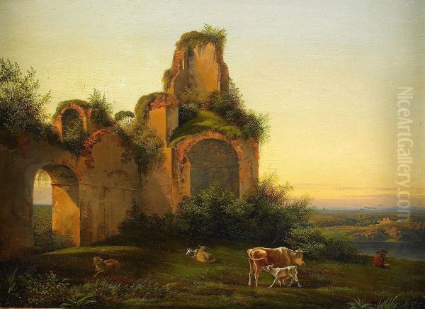 Romerskt Landskap Med Ruiner Oil Painting by Carl Stephan Bennet