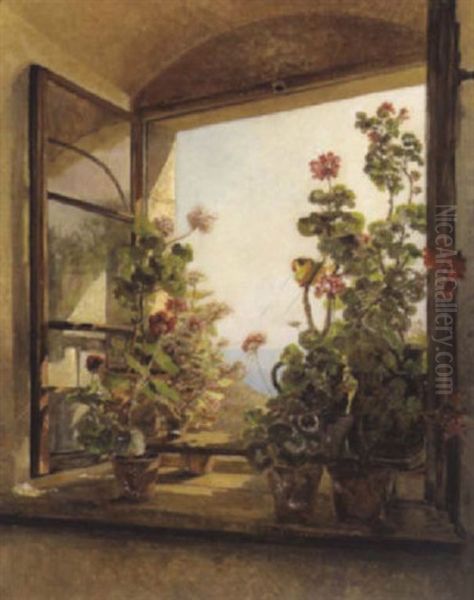 Blumenstocke Am Fensterbrett, Im Hintergrund Sudliche Meereslandschaft Oil Painting by Leontine (Lea) von Littrow