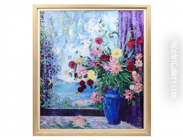 Flowers In A Vase On A Table With A View Of A Lake With Sailboats And Wisteria Oil Painting by Dorothea M. Litzinger