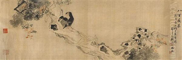 Two Myna Birds On A Flowering Tree. Finger Painting by  Liu Xiling