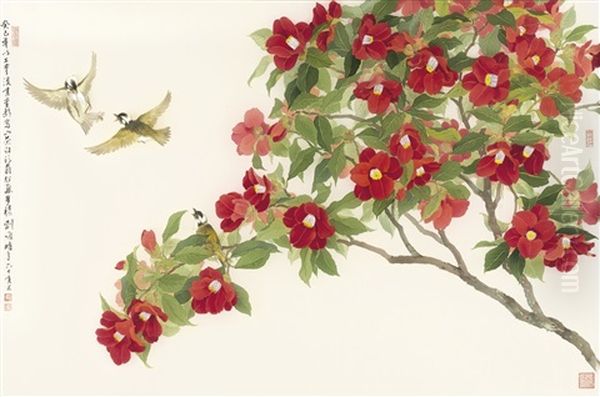 Chinese Bulbul And Camellia Oil Painting by  Liu Yong