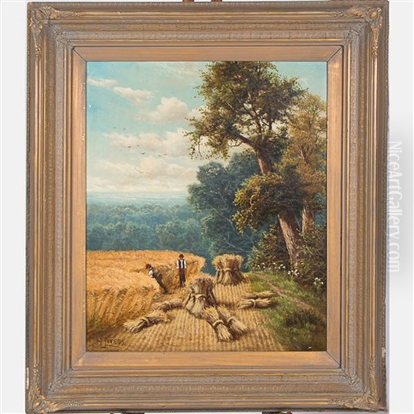 Workers Within A Hayfield Oil Painting by Henry John Livens