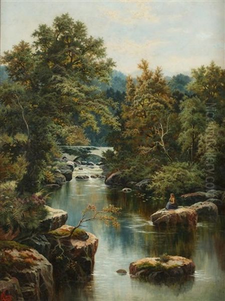 Girl Seated On Rock By Waterfall Oil Painting by Henry John Livens