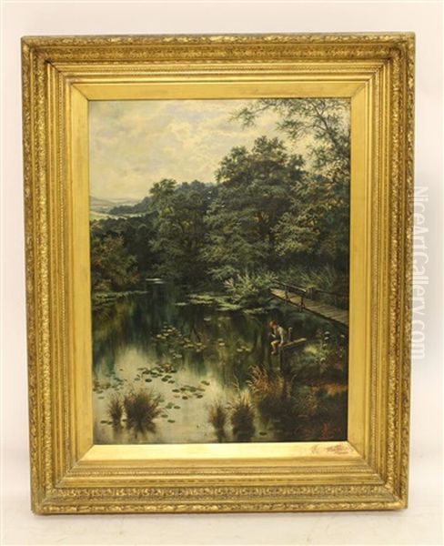 Riverscene With Boy Fishing In The Foreground Oil Painting by Henry John Livens