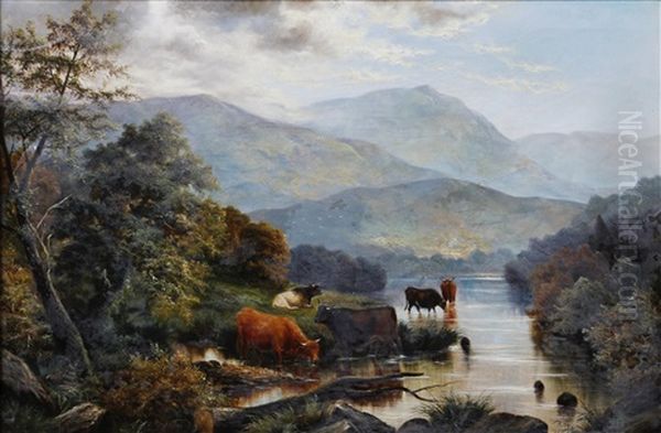 River Landscape With Cattle Watering, And Another, Sheep On A Moorside, Probably In North Wales (pair) Oil Painting by Henry John Livens