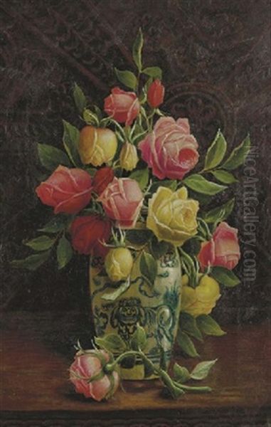 Roses In A Porcelain Vase Oil Painting by Henry John Livens