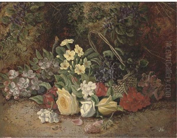 Summer Flowers In A Wicker Basket On A Mossy Bank Oil Painting by Henry John Livens