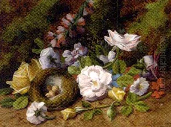 Summer Flowers And A Bird's Nest With Eggs On A Mossy Bank Oil Painting by Henry John Livens