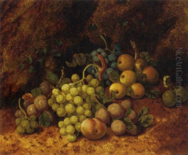 Plums, Apples, Grapes And A Peach, On A Mossy Bank Oil Painting by Henry John Livens