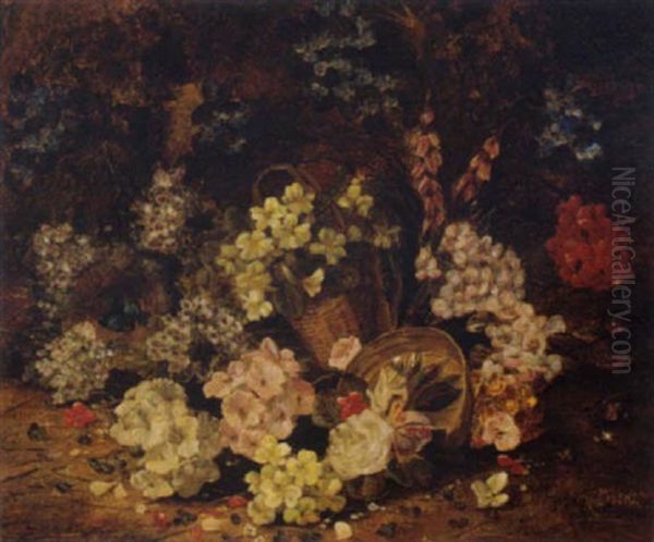 Spring Blossoms And A Bird's Nest With Eggs On A Mossy Bank Oil Painting by Henry John Livens