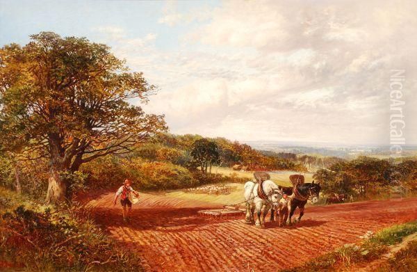 Sowing And Harrowing Near Ockley Oil Painting by Alfred Bennett