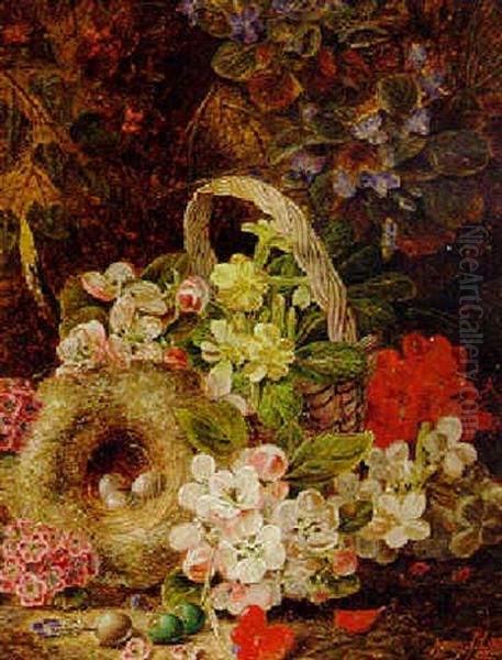 Hawthorn, Apple Blossom And Other Flowers, A Basket And Bird's Nest, On A Mossy Bank Oil Painting by Henry John Livens