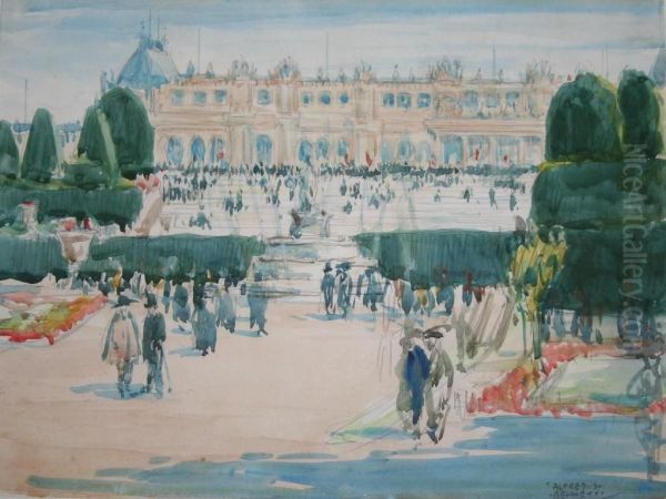 Elegant Figures In Paris (jardin Du Luxembourg?) Oil Painting by Alfred Bennett