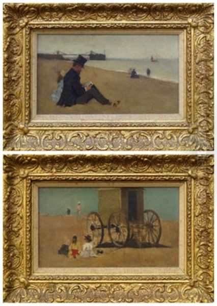 A Pair Of Coastal Scenes Depicting Children Seated By A Bathing Machine And A Man Seated With A Girl Reading Oil Painting by Horace Mann Livens